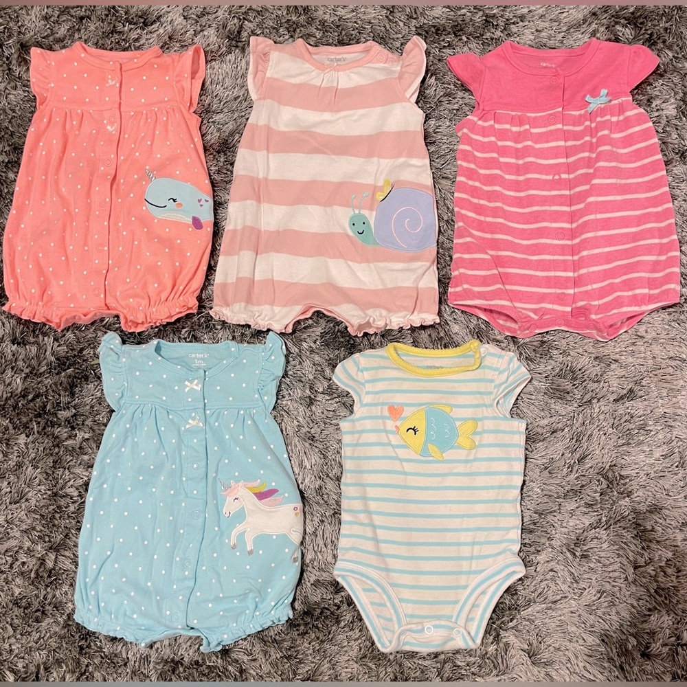 Carters 5 Piece Baby Girl Romper Snap-Up Rompers and Onsie Bundle, 3 Months